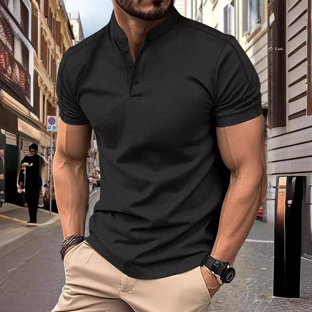 2024 Men's short-sleeved stand collar Waffle fabric casual short-sleeved polo shirt