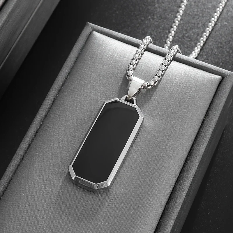 High Quality Stainless Steel Classic Black Rectangular Pendant Necklace for Men and Women Fashion Casual Party Jewelry