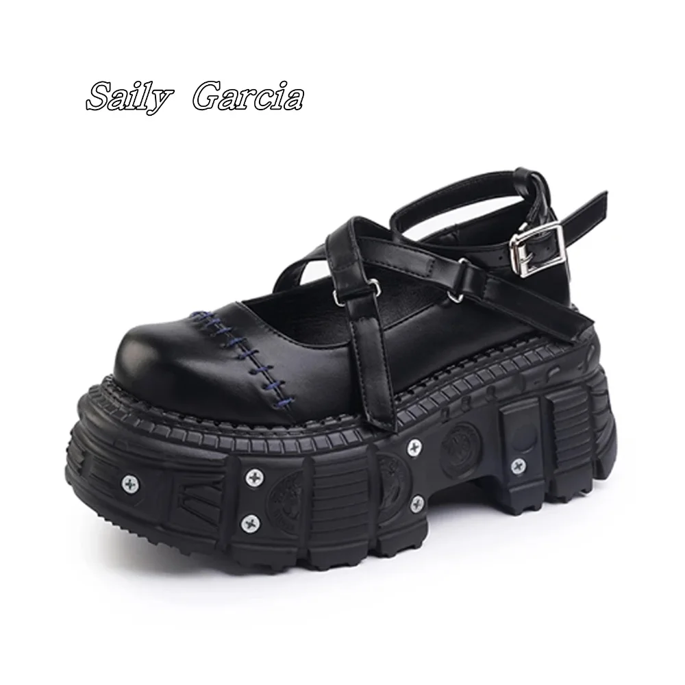 

Black Genuine Leather Buckle Strap Thick Bottom Sandal Summer New Cross Belt Platform Shoes Metal Punk Style Hollow Shoes