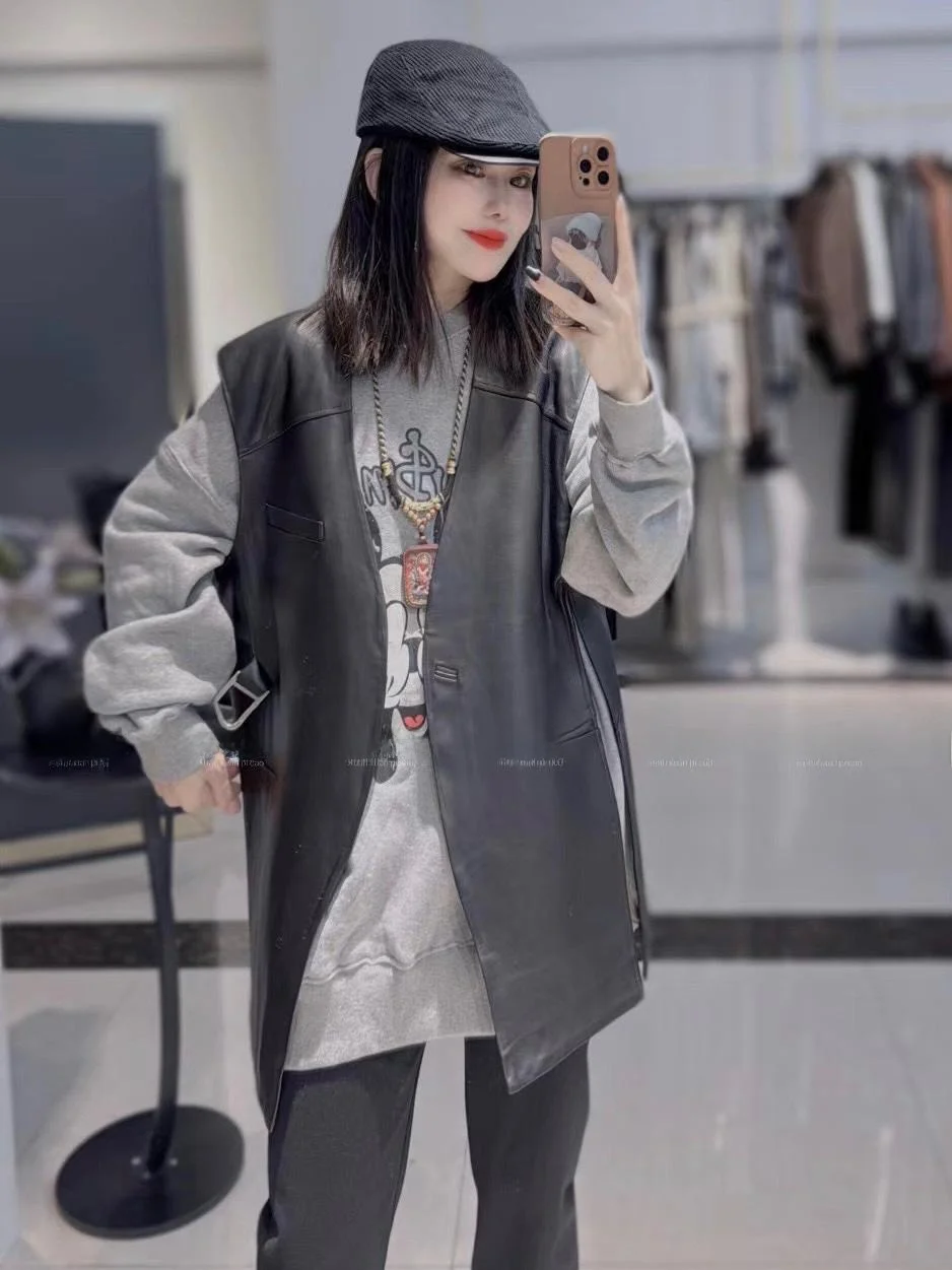

Fall New V-Ne Genuine eepskin Jaet Women's Loose Mid-Length Svel Simple Split Outerwear Commute Sle Pure Color