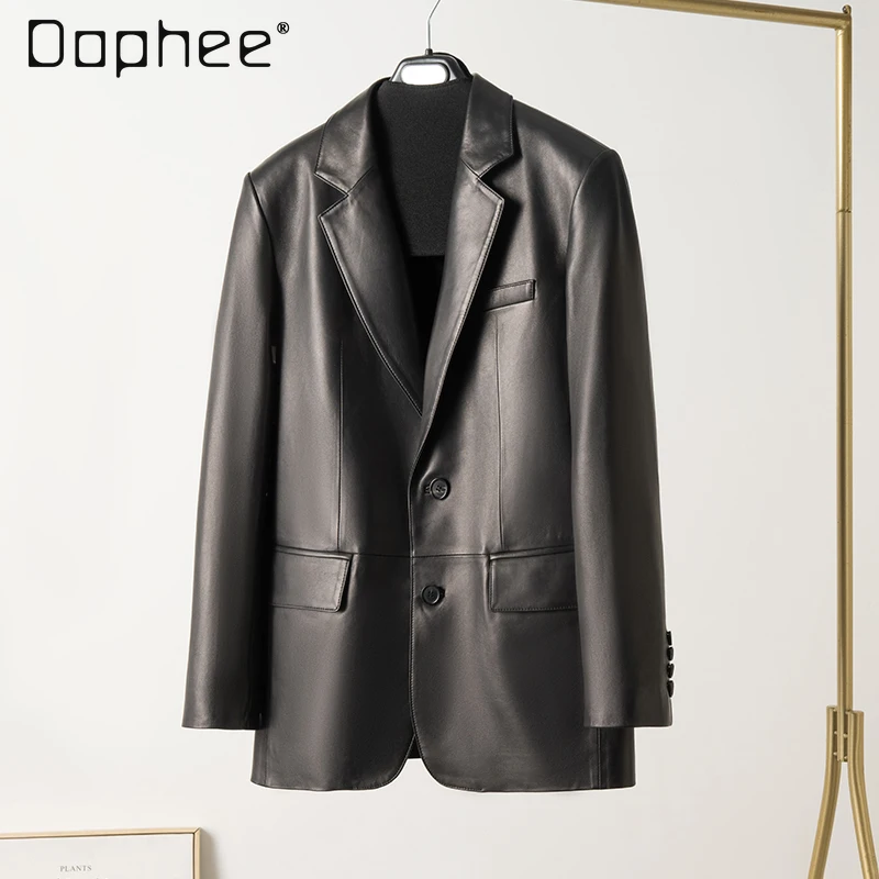 Sheepskin Leather Jacket Women and Men Vintage American Lapel Slim Two Button Pocket Blazer Jacket Autumn and Winter Suit Coat