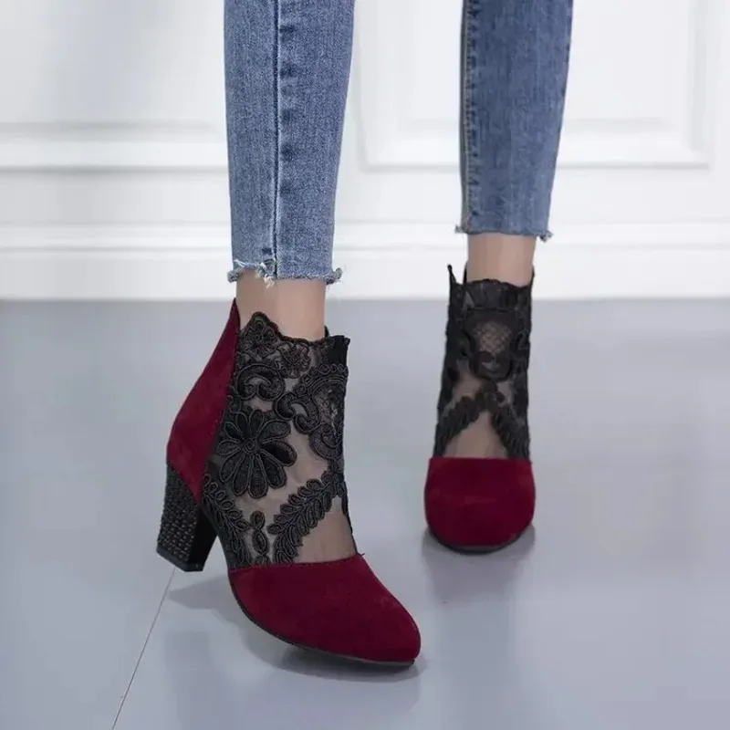 Women\'s Lace Heeled Shoes Fashion Ladies Roman Sandals Breathable Ladies Shoes Elegant Ladies Pumps New Mesh Sandalias De Tacón