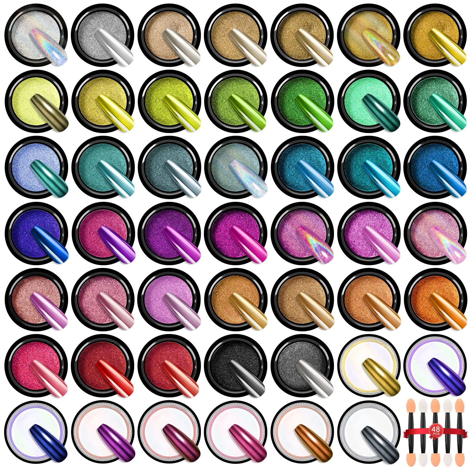 Saviland 48 Colors Chrome Nail Powder Set Metallic Mirror Effect Chrome Nail Powder for Gel Nails Art Decoration Manicure DIY