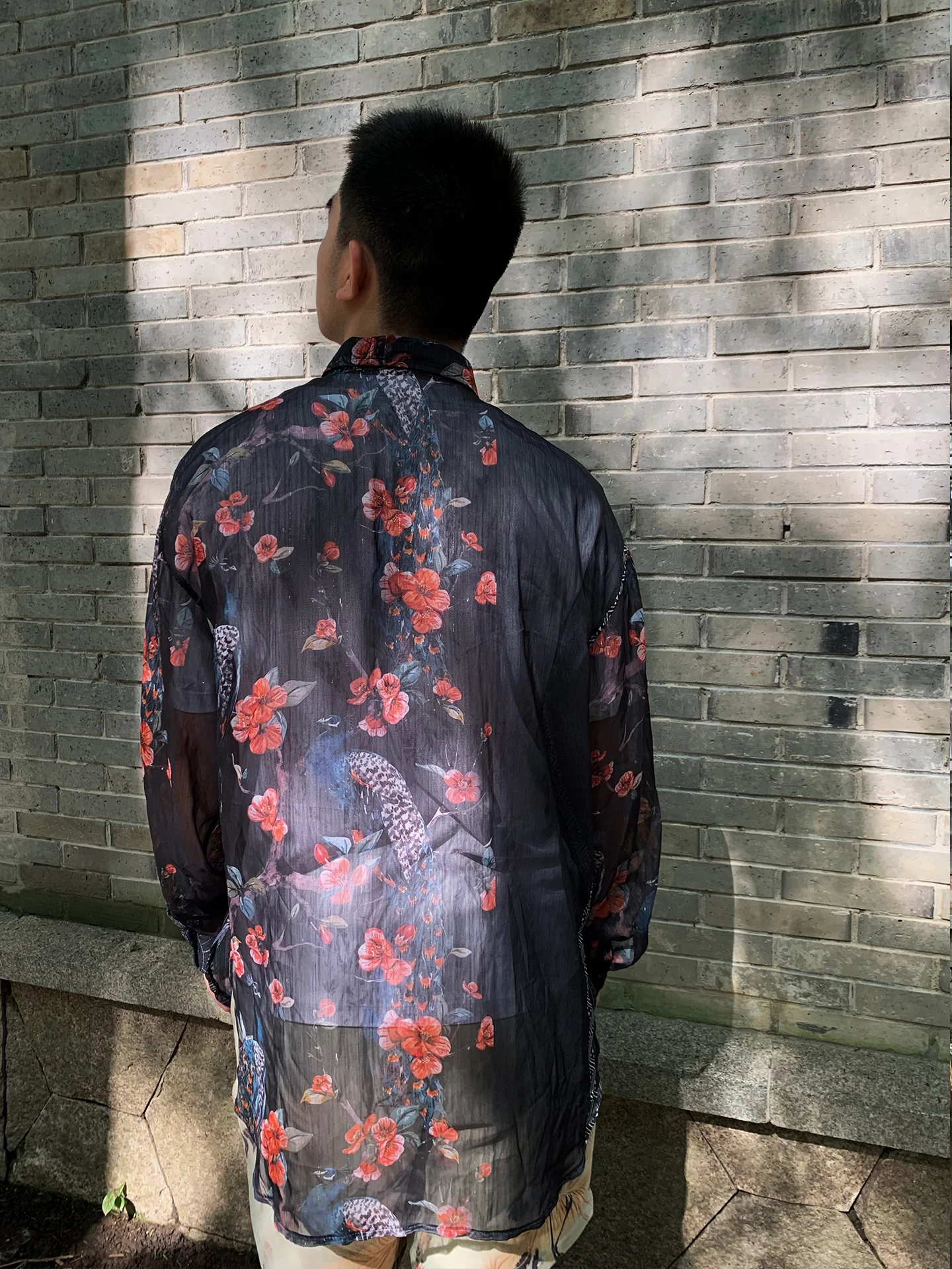 Men's 2025 Summer Original New Chinese Shirts Printed Transparent Thin Mesh Gauze Shirt Male Personalized Long Sleeve Chic Tops