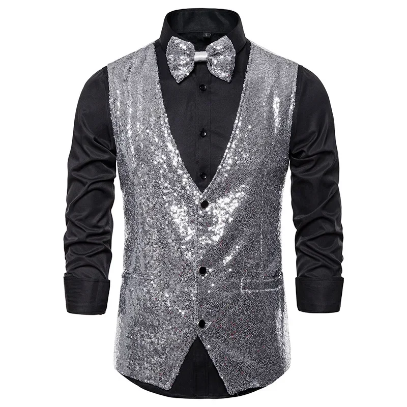 Glanzend groen pailletten sprankelend vest heren slim fit v-hals 2-delig herenvest met vlinderdas bruiloft podium prom kostuum gilet