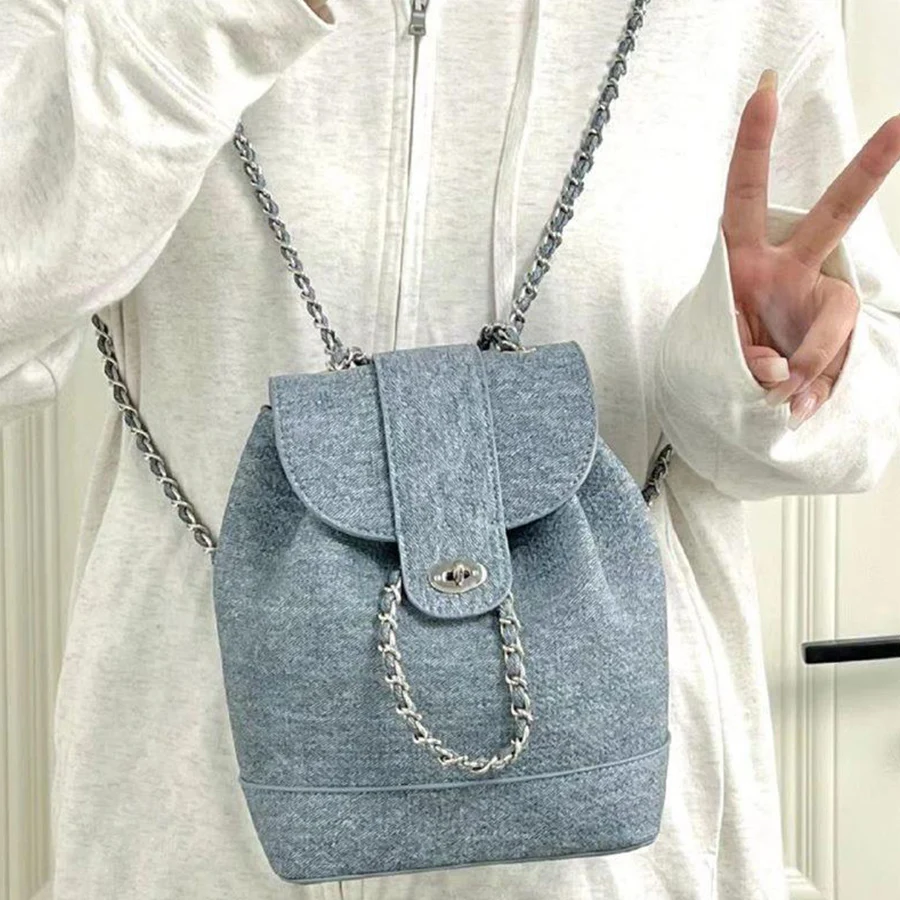 Fashion Flip Backpacks For Women Denim Fabric Capacity Travel Rucksacks Drawstring Bucket Shoulder Bags Unisex Chain Bagpack Sac
