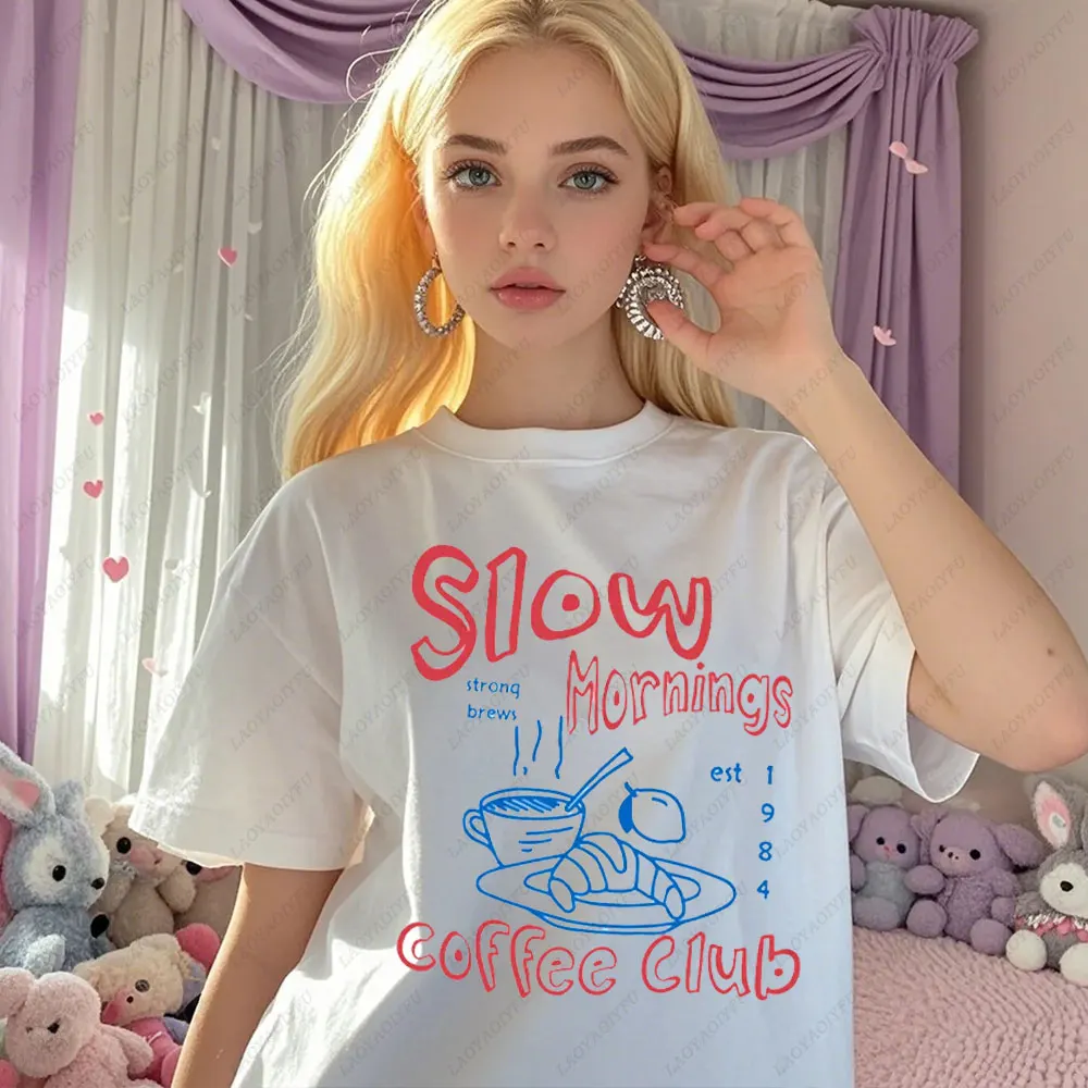 Slow Mornings Graphic Tshirt Women Trendy Coffee Club Cotton Tshirt Retro Coffee and Croissant Shirt Breakfast Club Tee Clothing