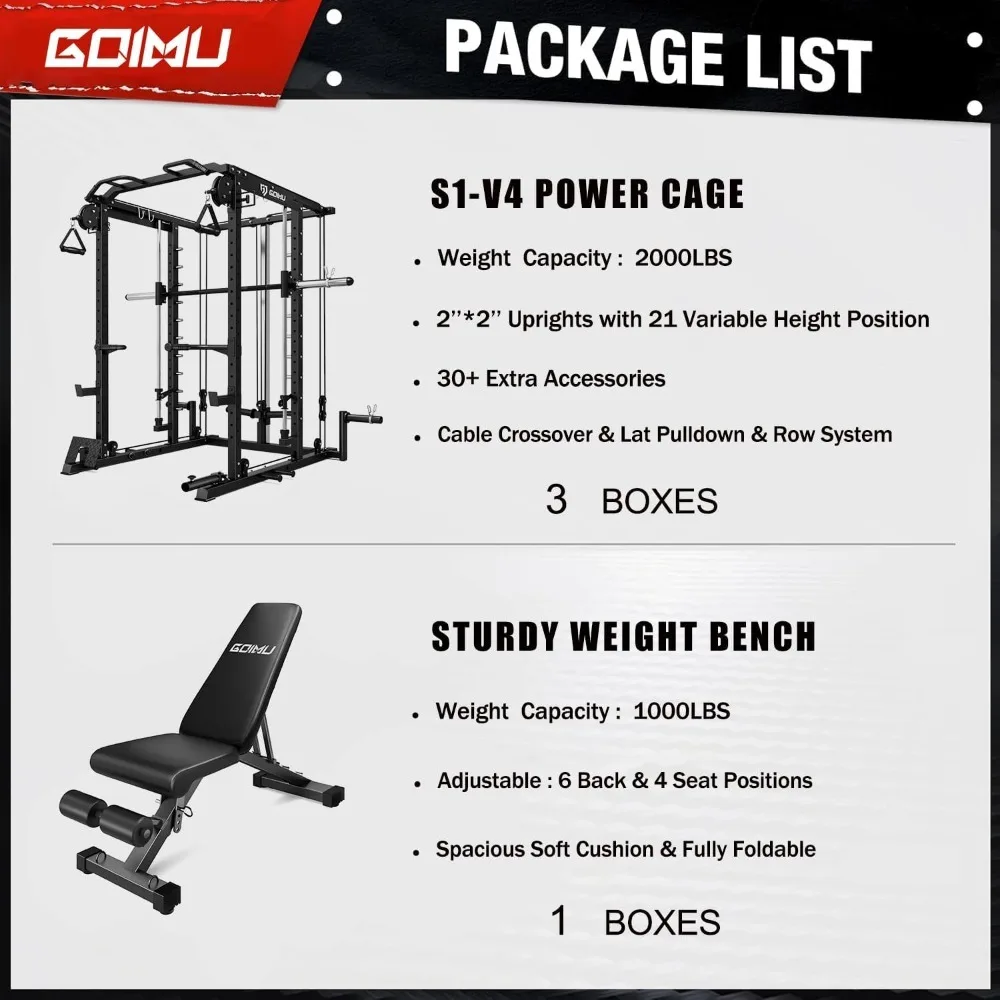 Smith Machine, 2000LBS Power Cage with Cable Crossover System, All-in-One Squat Rack with Smith Bar, Strength Training Equ
