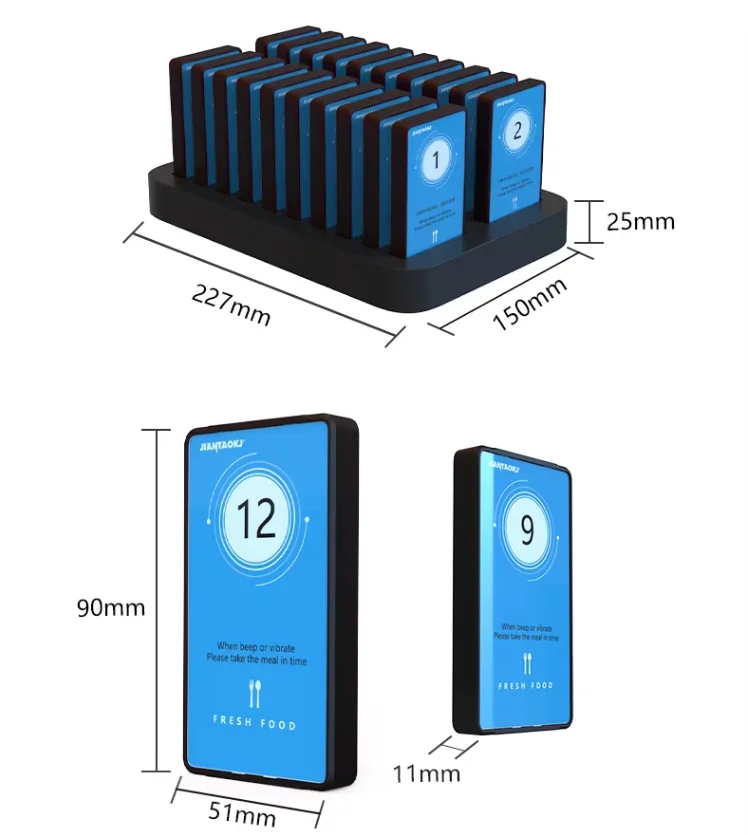 Wireless Restaurant Fast Food Queue Management System 20 pagers Customer Number Buzzer Coaster Vibrating Pager for Guest Paging