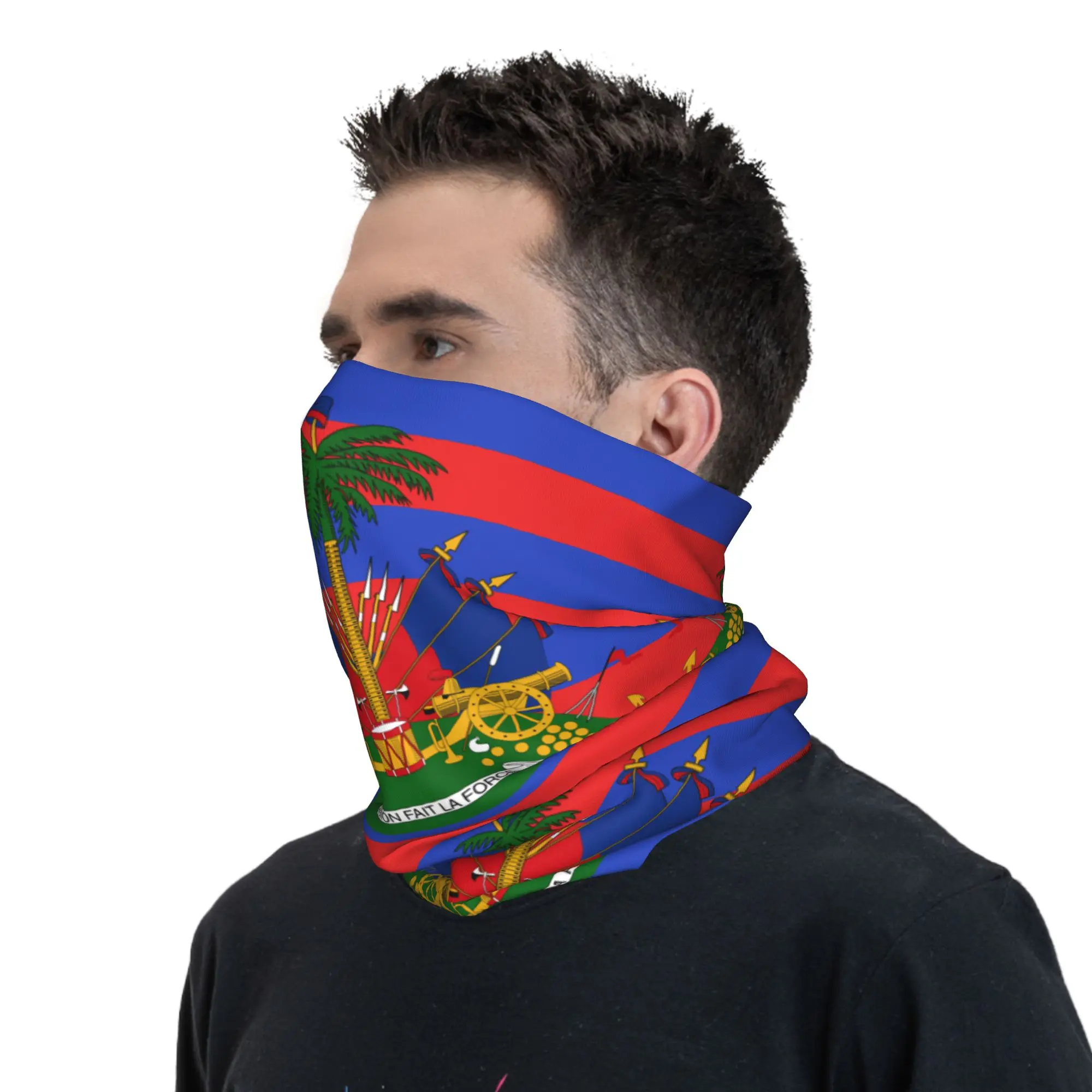 Custom The National Emblem of Haiti Bandana Neck Warmer Women Men Winter Ski Tube Scarf Gaiter Patriotic Face Cover view 6