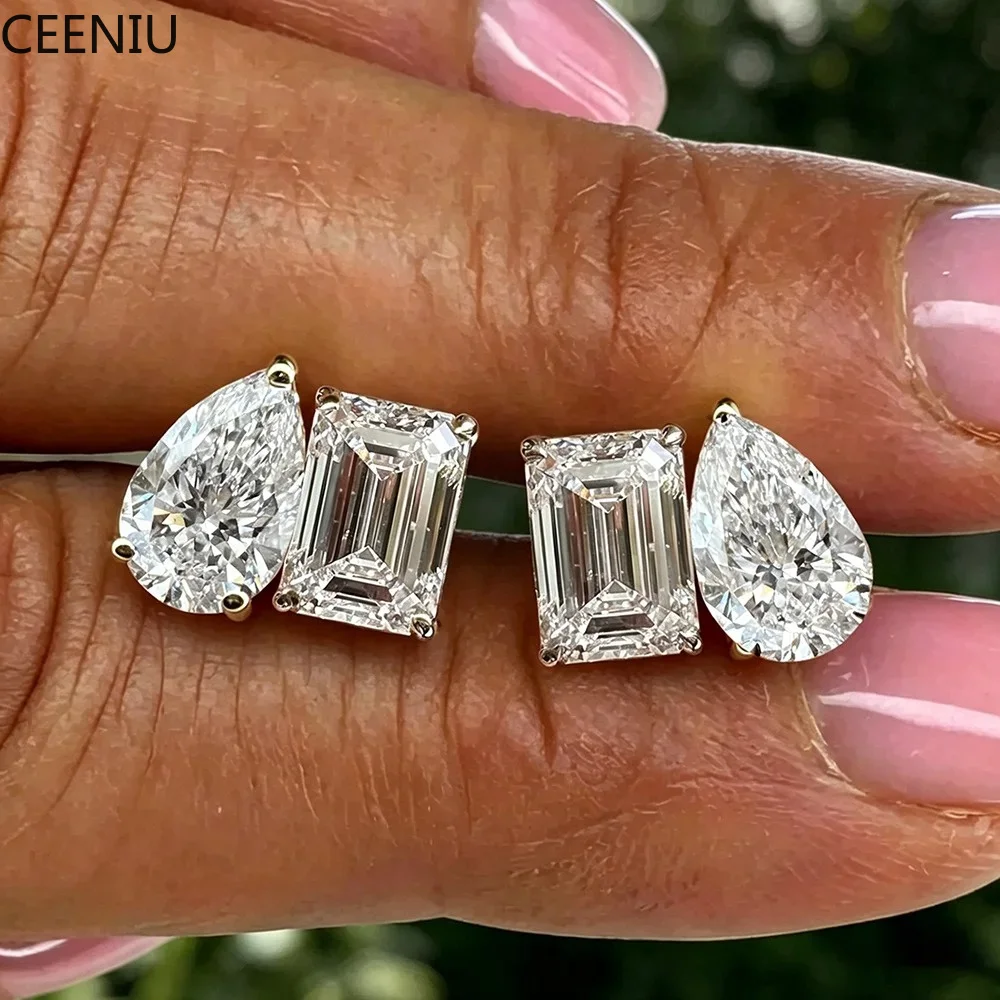 4cttw Radiant/Emerald&Pear Cut Moissanite Stud Earring with Certificate 2Diamond Ear Studs for Women Wedding S925 Silver Jewelry