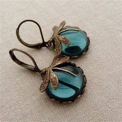 Boucles d'oreilles libellule en bronze vintage pour femmes, boucles d'oreilles pendantes en pierre de lune incrustée, métal carapté, bijoux à la mode, document doré