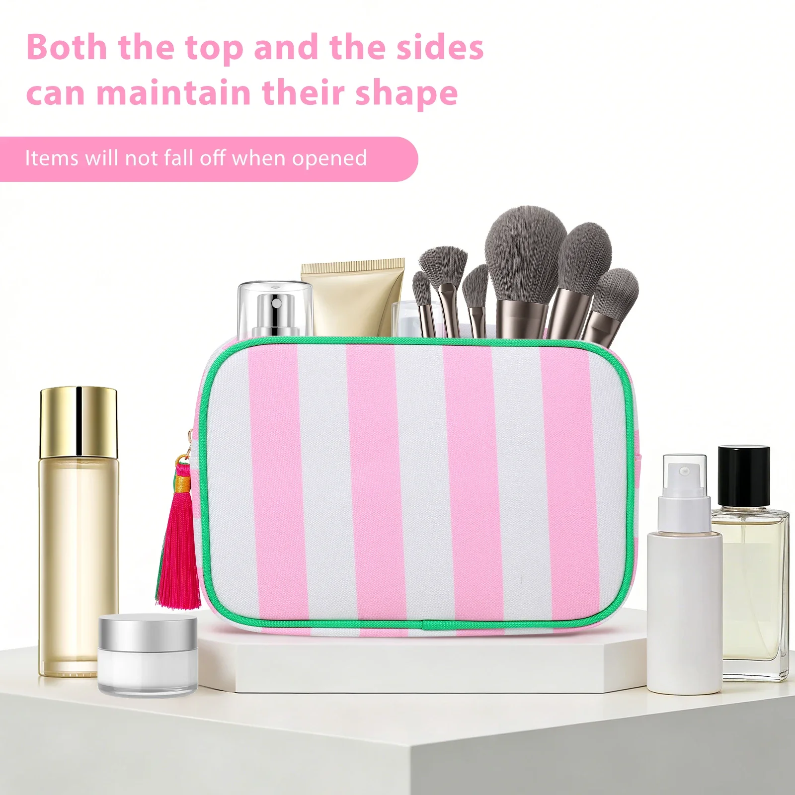 Travel Makeup Bag Portable Tassel Toiletry Bag with Zipper Fashionable Stripe Multi-purpose Storage Bag for Skincare Haircare