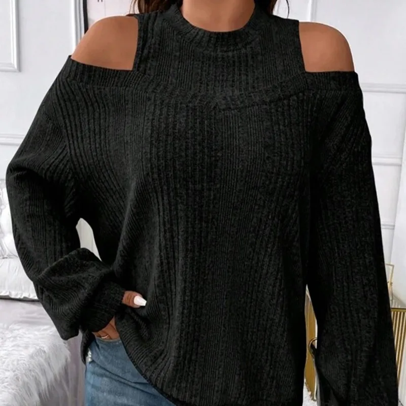 Women\'s Autumn Winter Solid Round Neck Off Shoulder Paisley Flared Long Sleeve Sweater Knitted T-shirt Office Lady Loose Tops