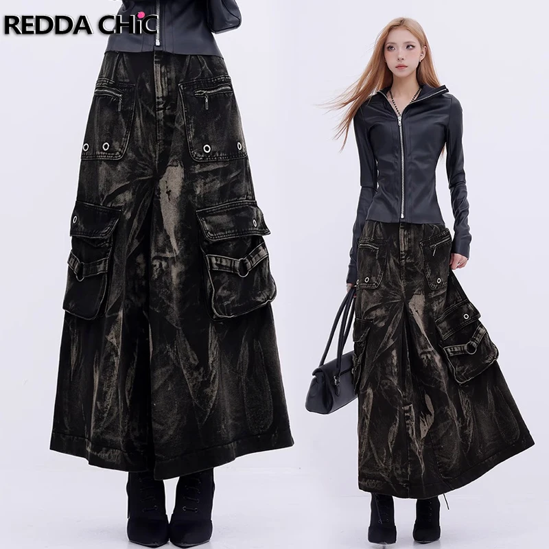 

REDDACHiC Women Eyelets Cargo Pockets Long Jeans Skirt Tie Dye A-line Pleated Do Old Denim Midi Skirt Retro Harajuku Streetwear