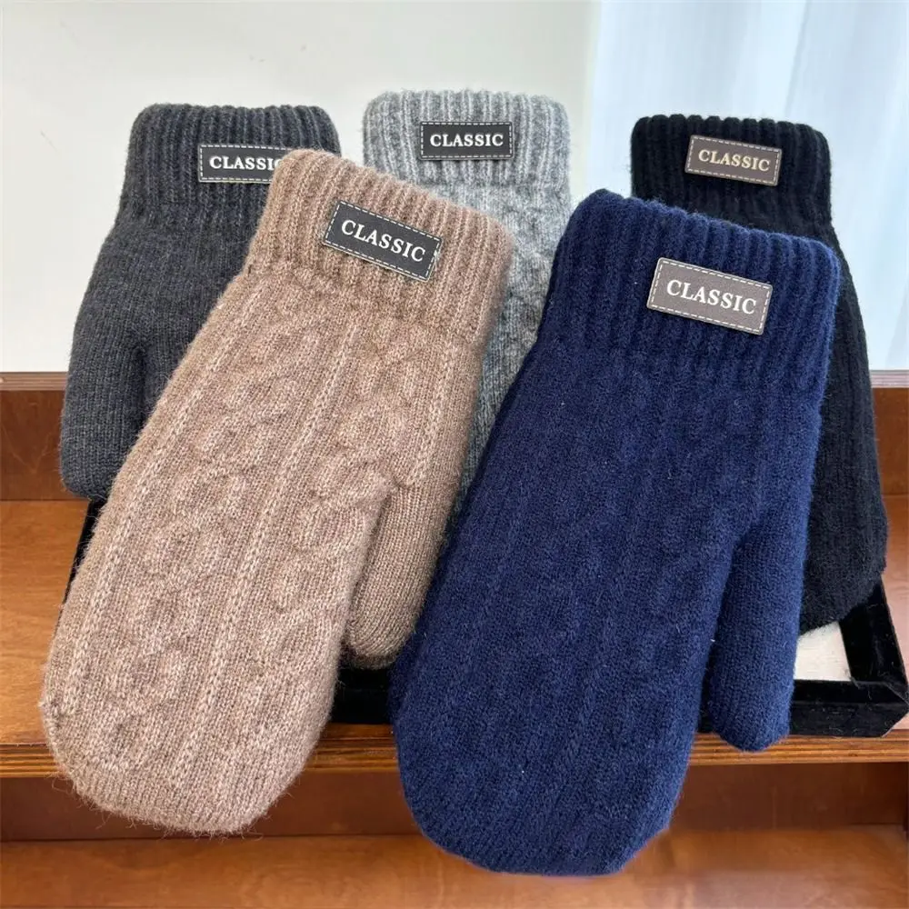 Fashion Thickened Fleece Knitted Gloves Windproof Coldproof All Finger Gloves Solid Color Men Mittens for Autumn Winter