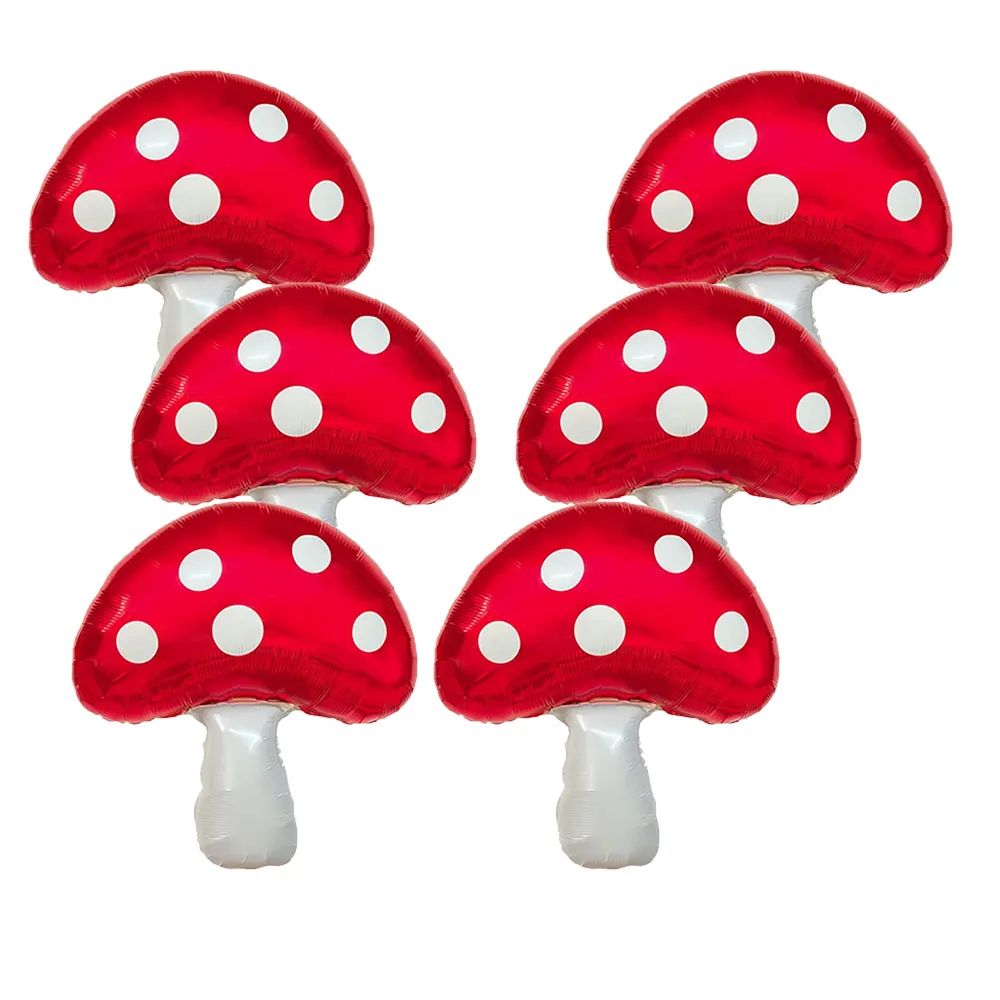 6Pcs Woodland Fairy Forest Mushroom Balloon Decoration Cute Red Mushroom Foil Red Fun Forest Plant Theme Mushroom Party Balloons