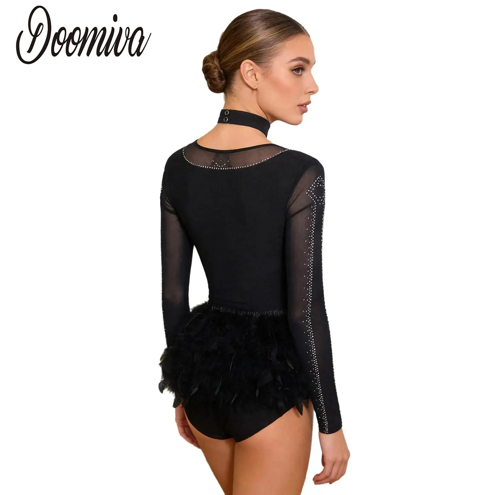 

Women Latin Ballet Gymnastics Leotard with Faux Feather Mesh Long Sleeve Rhinestones Buttons Crotch Bodysuit Tango Skating Dress