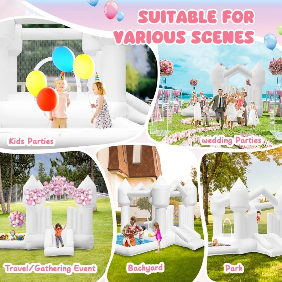 Casa de rebote inflable para casa de rebote blanca con tobogán, castillo inflable para saltar, para fiesta de cumpleaños, boda, patio trasero, exterior interior