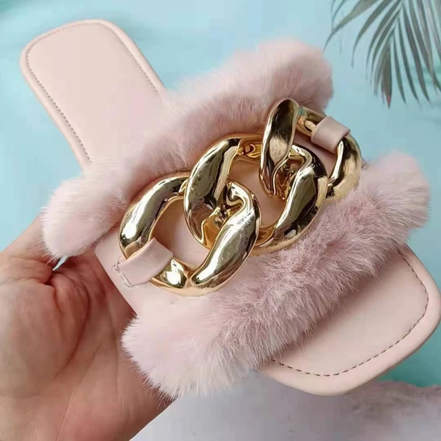 2022 Women Fur Slippers Home Punk Chains Sandals Flats Low Heels Slides Fluffy Furry Flip Flops Ladies Plus Size Shoes Summer AliExpress