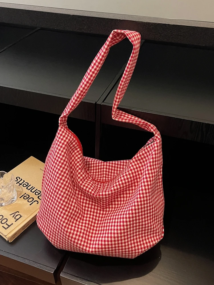 Korean Large Capacity Plaid Canvas Tote Bag Lazy Style Versatile Single Shoulder Bag Artistic  Commute Diagonal Tote Bag