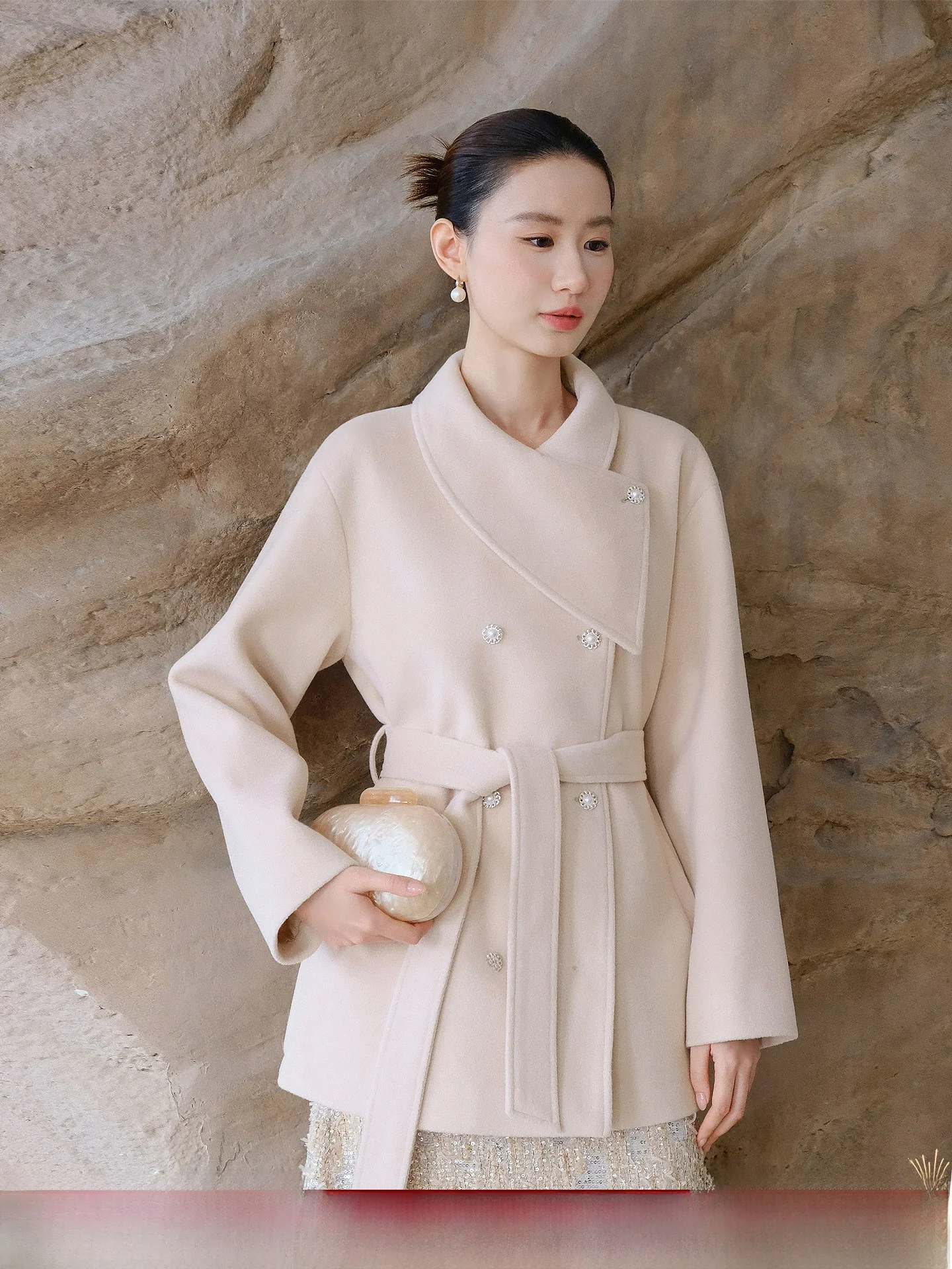 

Ele Woolen Coat for Women XXNING Loose Fit Double Breasted Asymmetrical Collar Autumn Winter Faion Outerwear