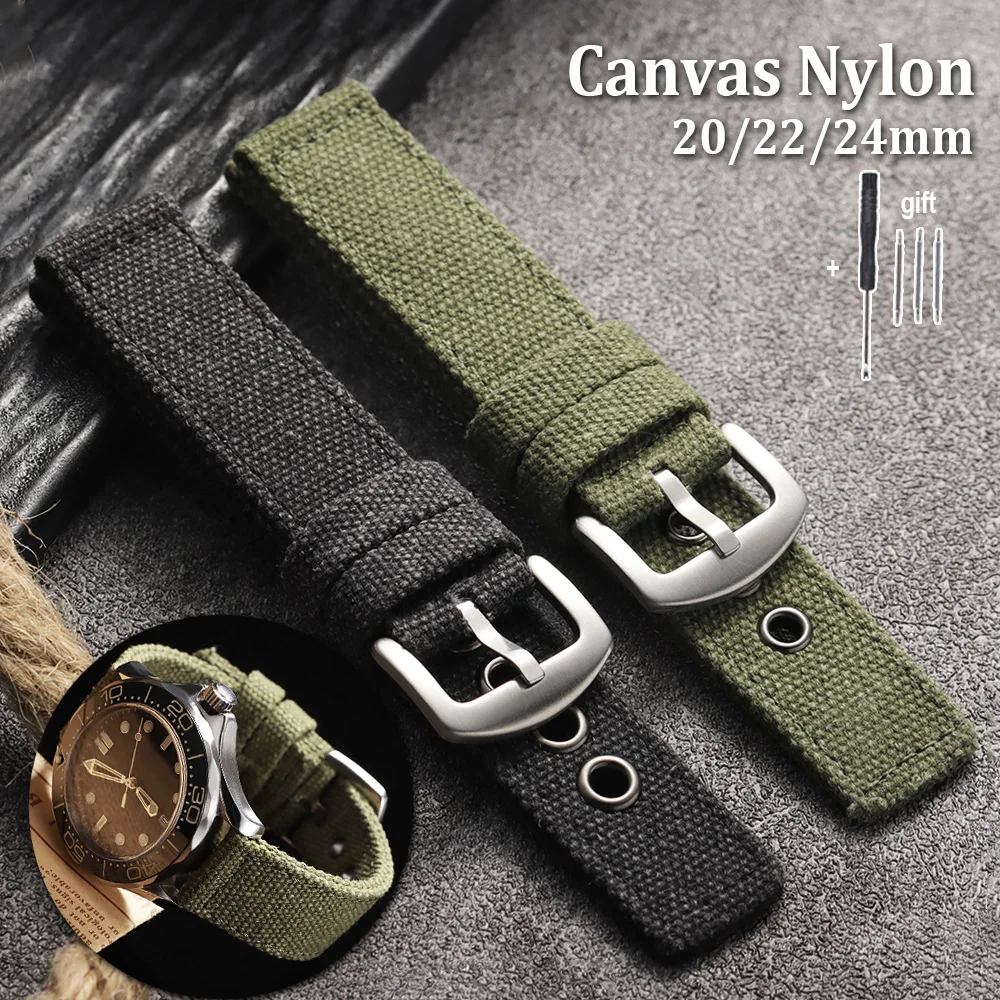 

20mm 22mm 24mm Universal Black Green Nylon Watch Band Denim Canvas Strap Military Men Women Bracelets Woven Metal Hole Wristband