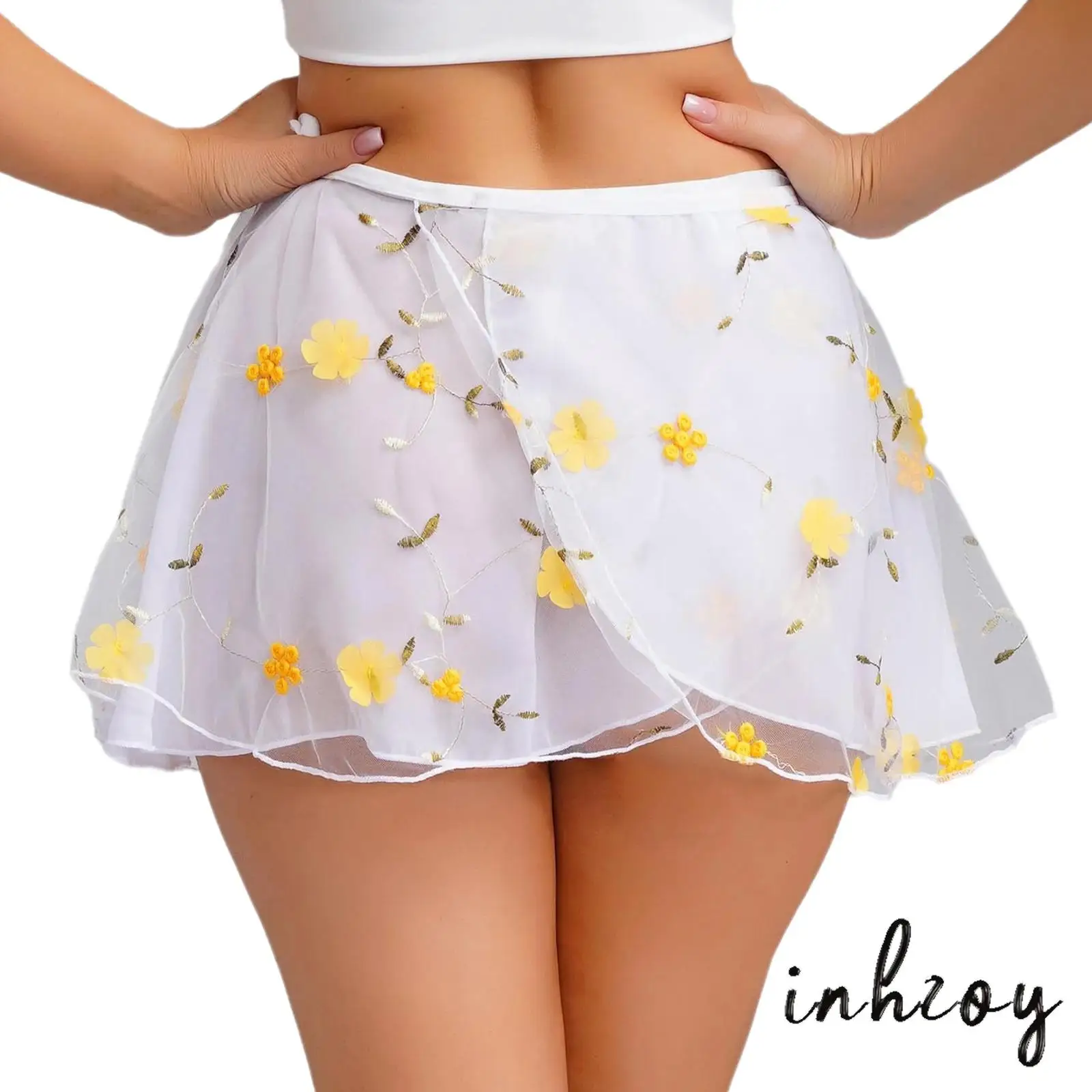 

Womens Transparent Layered Mini Skirt Flower Embroidery Wrap Sheer Mesh Chiffon Mesh Adjustable Waist Tie Underskirt Beachwear