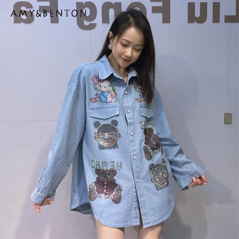 

Popular Brand Front And Back Rhinestone Casual Denim Shirt Jacket Autumn New Mid-Length Fashion Loose Overized Blouse Coat Women