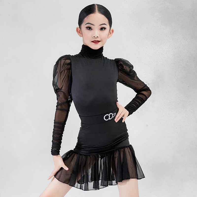 

New Latin Dance Dress Girls High Collar Black Long Sleeves Suit Kids Latin Practice Clothes Cha Cha Performance Costume BL11370