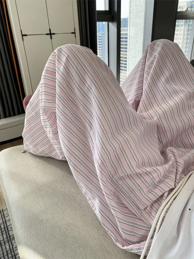 

Pink Dopane Striped Casual Pants Loose Men Women Summer Wide Leg Straight Cut Samba Pants Breathable Thin Material