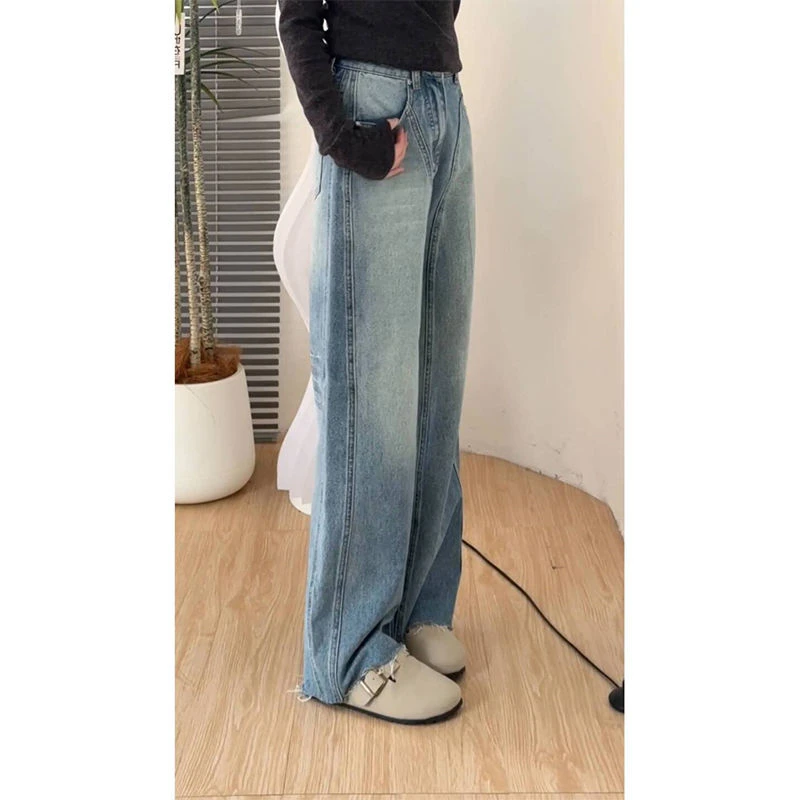 Women's Edge Design Straight Wide Leg Blue Jeans Personalized Trousers Cool Girl Casual Bottoms Female Street Denim Pants