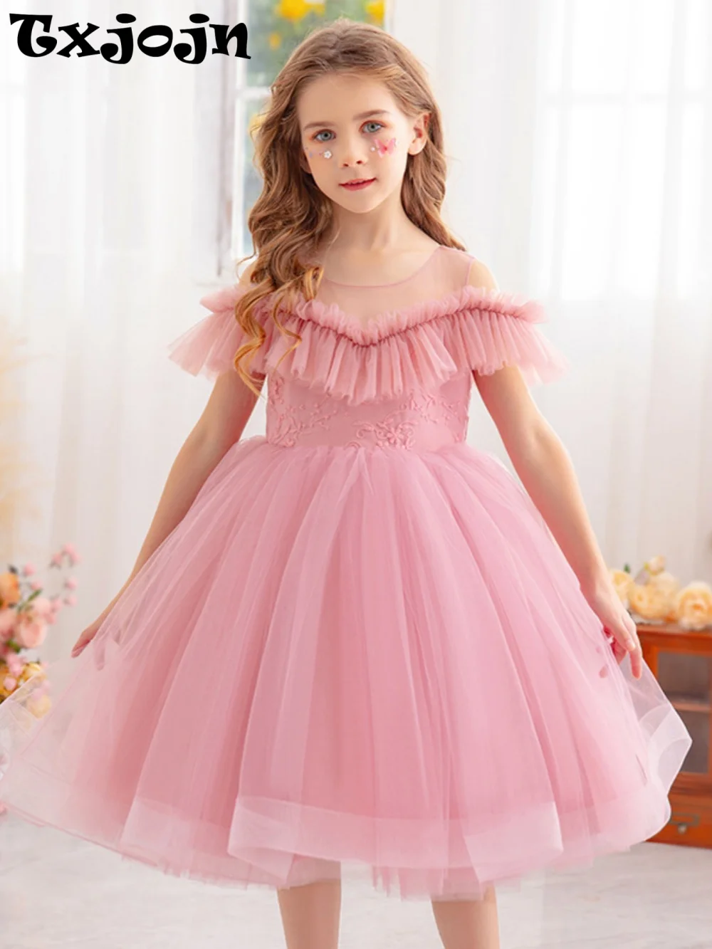 

Txjojn Kids Pink Tulle Dress,Sheer Neck Ruffle Sleeve Flower Girls Dresses for Wedding,New Elegant Embroidery Princess Gown