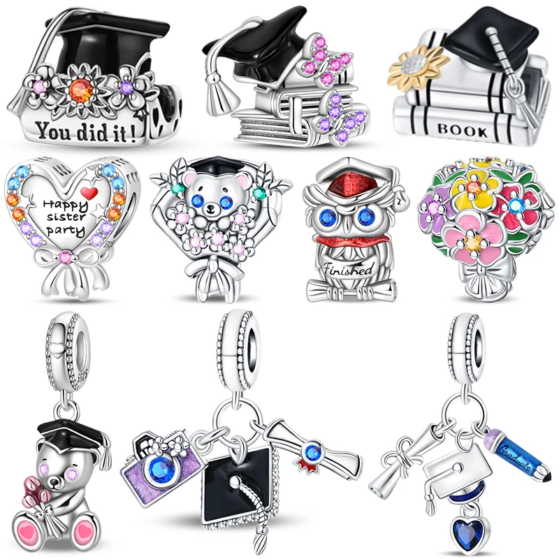 925 Sterling Silver Graduation Series Beads Hat Certificate Pendant Bouquet Bear Charms Fit 925 Original Bracelets Jewelry Gifts