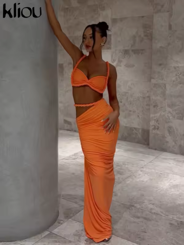 kliou Woven Sexy Women 2 Piece Set Stunning Hot Solid Pleated Crop Camisoles+High Waist Maxi Skirts Female Trend Vacation Outfit - Image 6