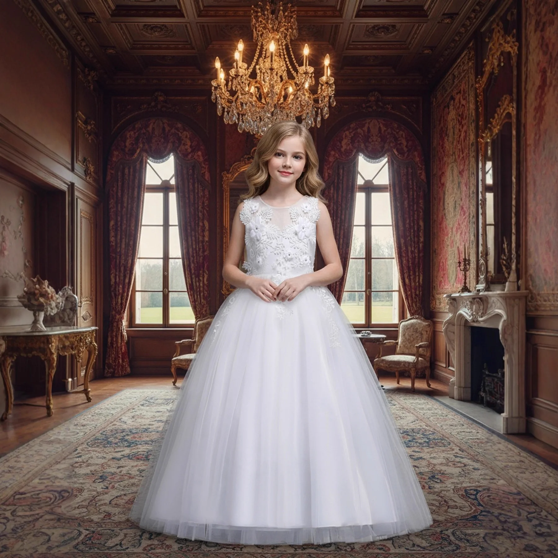فستان الأميرة الأنيق للأطفال مطرز بالزهور من التول للفتيات لحفلات أعياد الميلاد وحفلات الزفاف وحفلات التواصل الأول فستان ماكسي #2