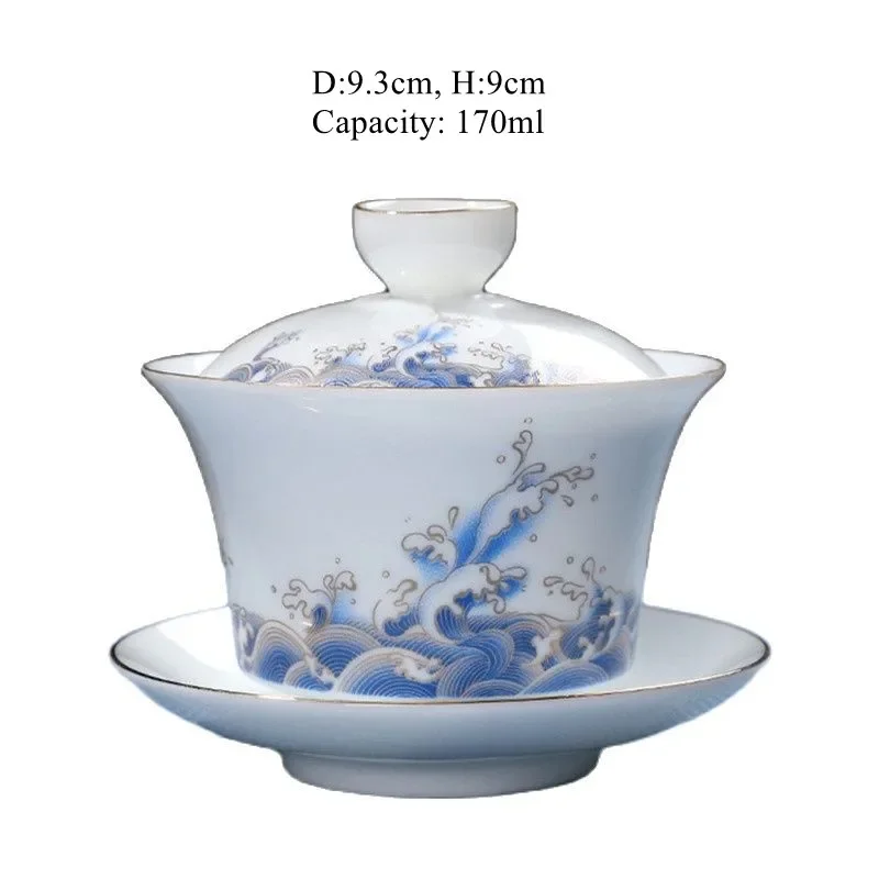 Chinese Style Brewing Tea Cups, Blue and White Porcelain Gaiwan, White Jade Ceramic Tureen, Sea Wave Bowl, Saucer Lid Set, 170ml