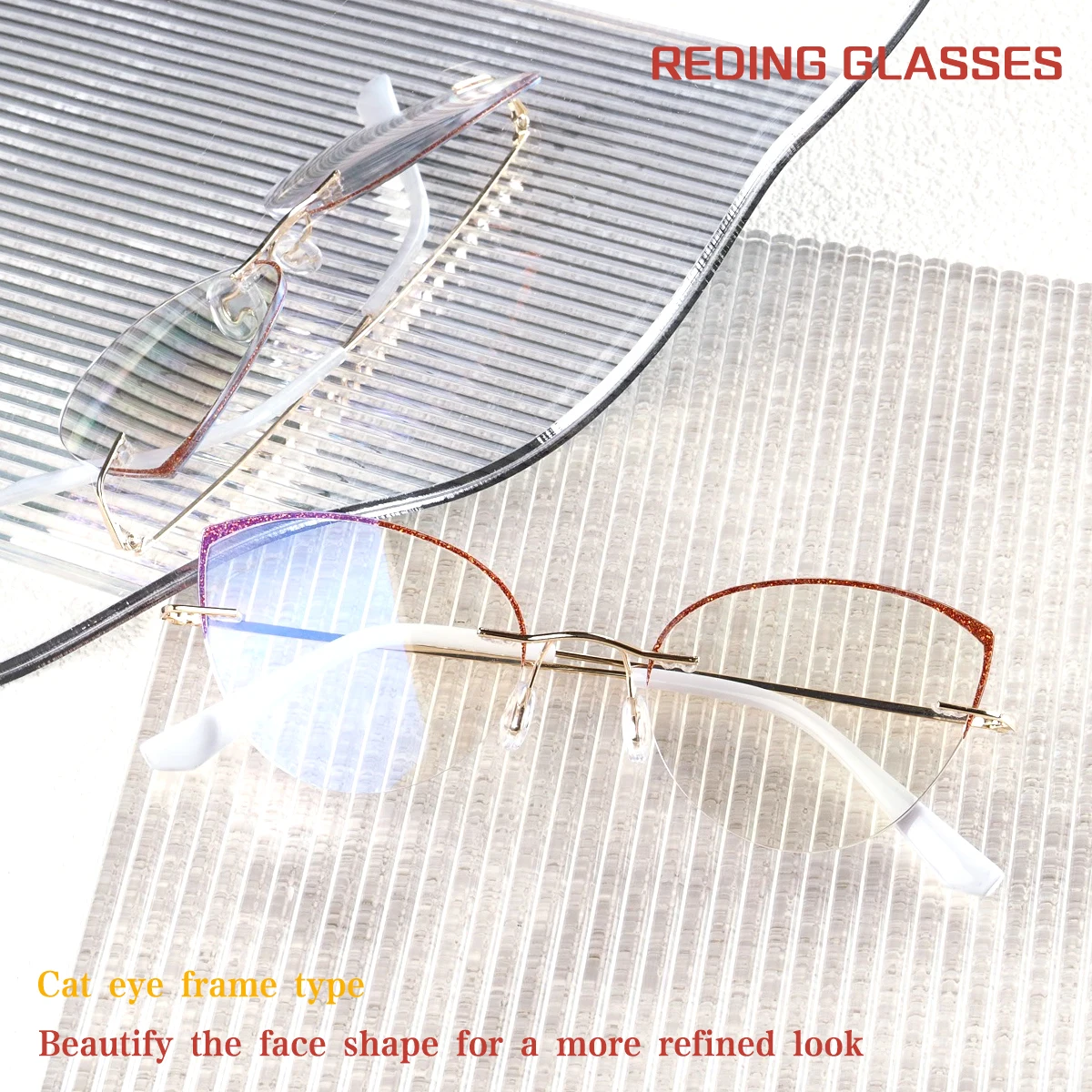 Damen-Katzenaugen-Lesebrille ohne Rahmen, Presbyopie-Brille, klare Sicht, Blaulichtfilter, leicht und stilvoll. – Detail 1