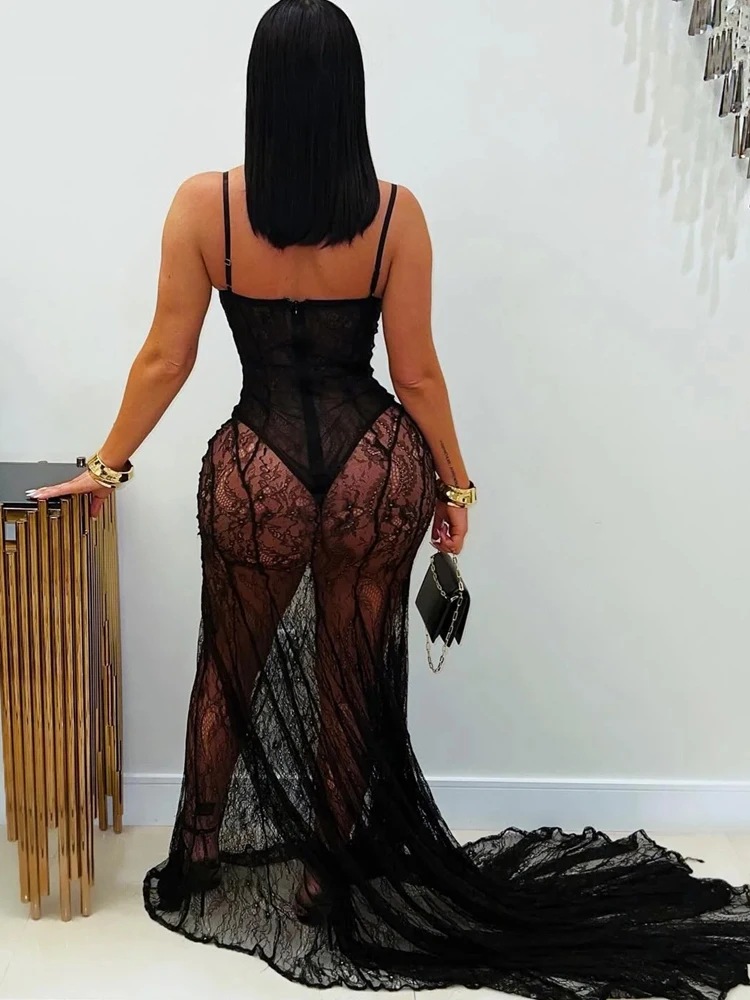 Kricesseen 新しいシックなシアーレーススパゲッティストラップストラップ付きロングマキシドレスグラムシースルー高級誕生日ドレスクリスマス衣装