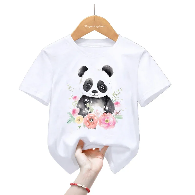 Panda Kawaii Flowers Print T Shirt per ragazze/ragazzi Zebra/Penguin/Deer/Frog Animal Tshirt Cute Kids Clothes Harajuku Shirt