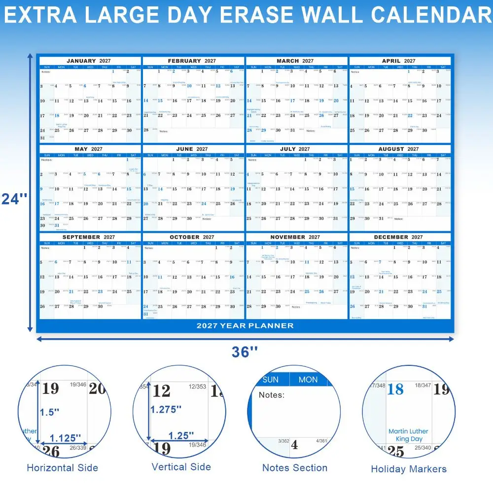 Reusable 2027 Annual Planner Calendar Waterproof Erasable Dry Erase Calendar Planner Laminated Foldable Calendar Bulletin Board