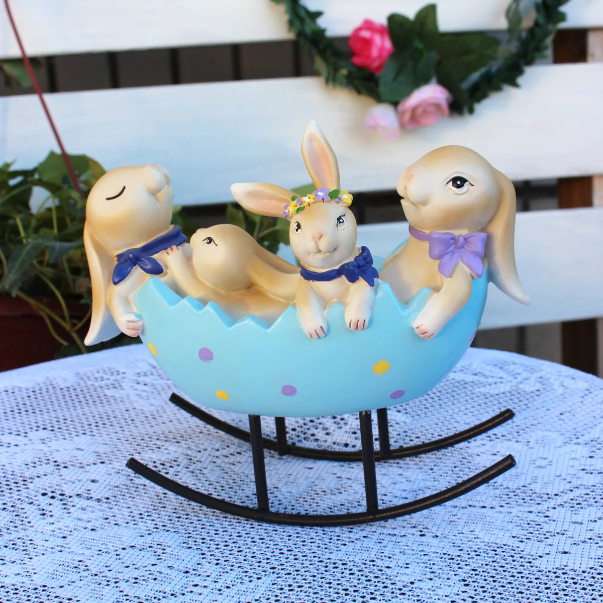 Easter Bunny in Blue Cradle- Resin Decor for Garden & Home