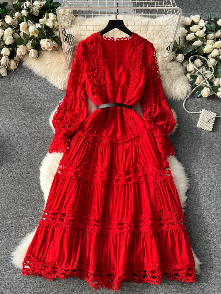 Spring Auutmn Vintage Dress Women Hollow Lace Patchwork French Bubble  Sleeve Long Dresses Ladies Slim Evening Party Dresses - AliExpress 200000345