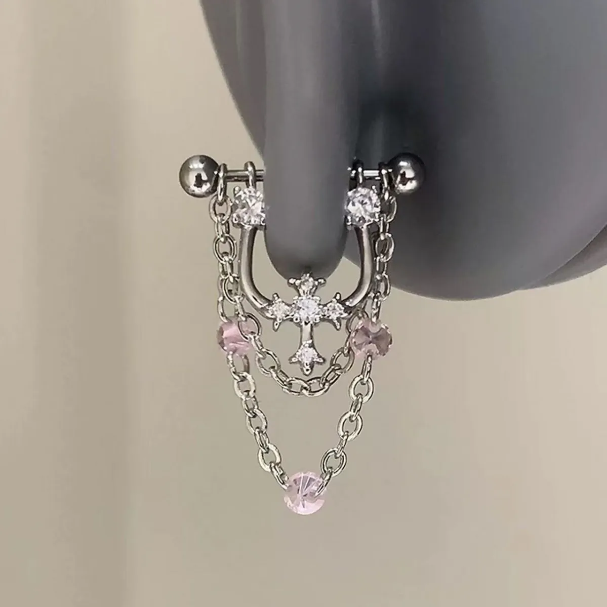1 PCS 316L Stainless Steel Gothic Cross Cartilage Ear Studs Pink Crystal Tassel Dangle Helix Piercing Ear Bone Nail Y2K Jewelry