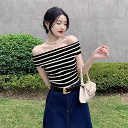 Summer Fashion Striped Knitted T-shirt Women Sexy Off Shoulder Short Sleeve Slim Top