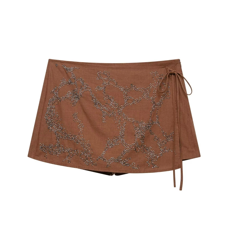 2026 Summer New Three-dimensional Bead Decoration Bow Tie Shorts Solid Color Retro Trend Daily Hip Hugging Short Skirt