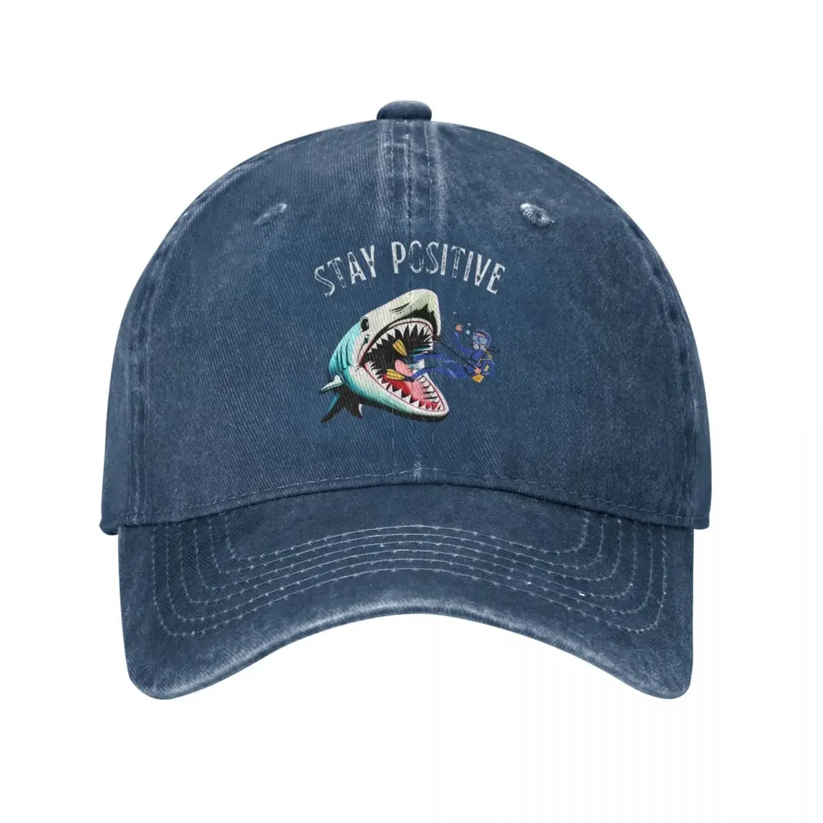 Baseball Cap Stay Positive Shark Outfit for Men Women Vintage Distressed Denim Washed Funny Casquette Dad Hat