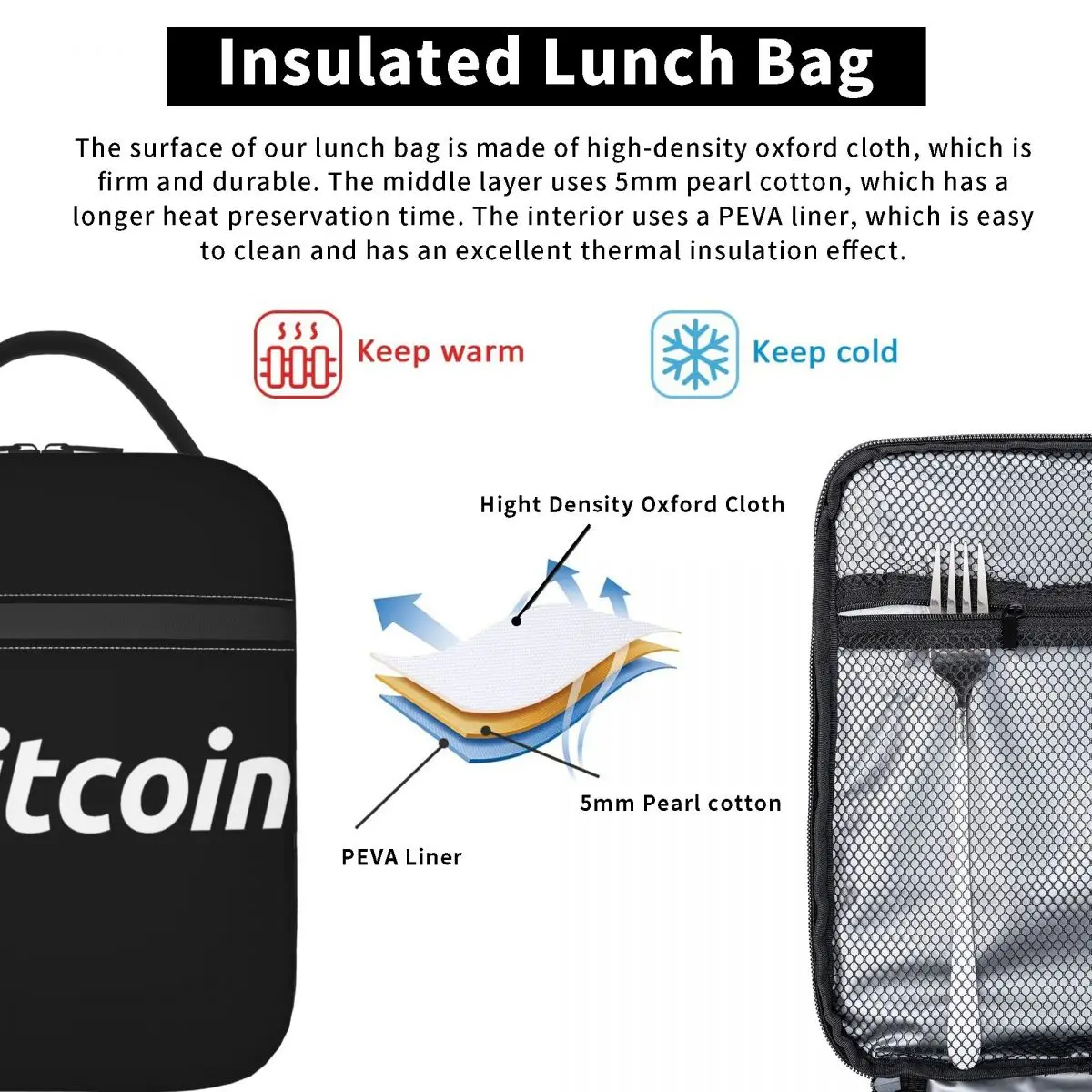 La borsa per il pranzo isolata con Logo Bitcoin Tote Food Handbag