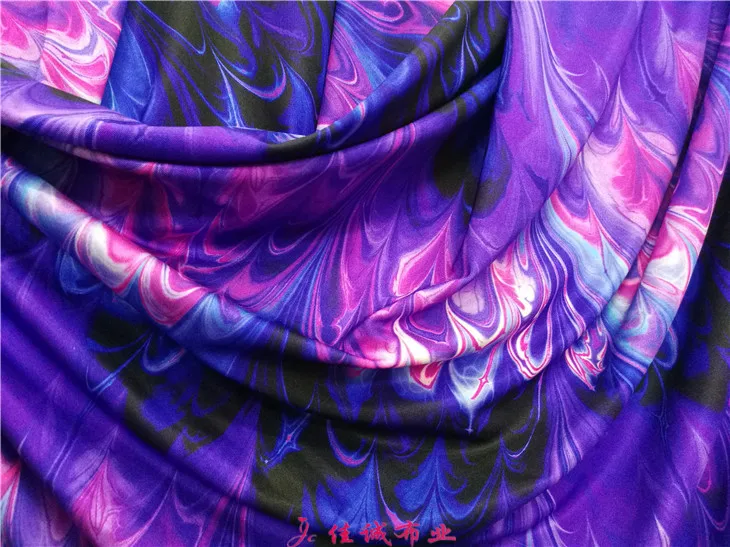 YLM Large Stretch Spandex Fabric Purple Flame Printed Bradin Dance Wear Swimsuit Dress DIY Fabric