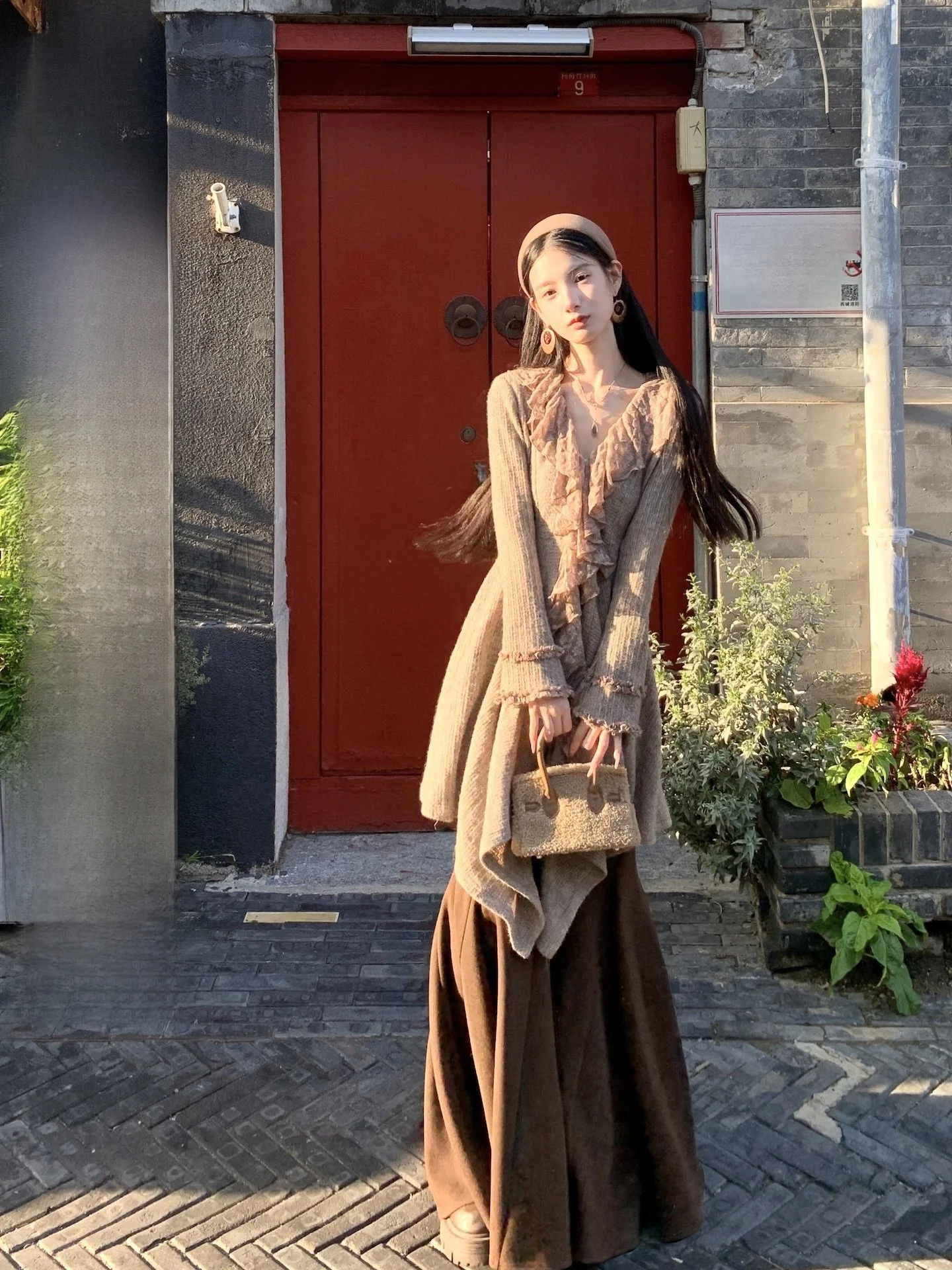 

Осенний модный вязаный шерстяной комплект с юбкой, рукавами-колокол и воротником с рюшами, в стиле хиппи, асимметричный дизайн